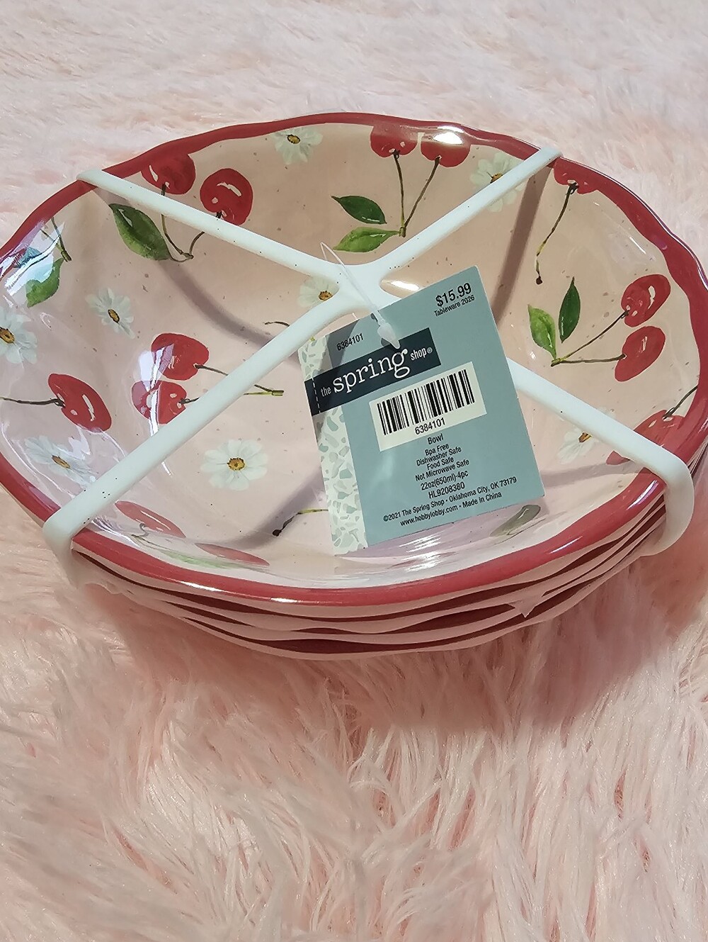 Hobby Lobby Melamine Cherries & Flowers Dinner Bowls Set 4 New Dishes Pink Red